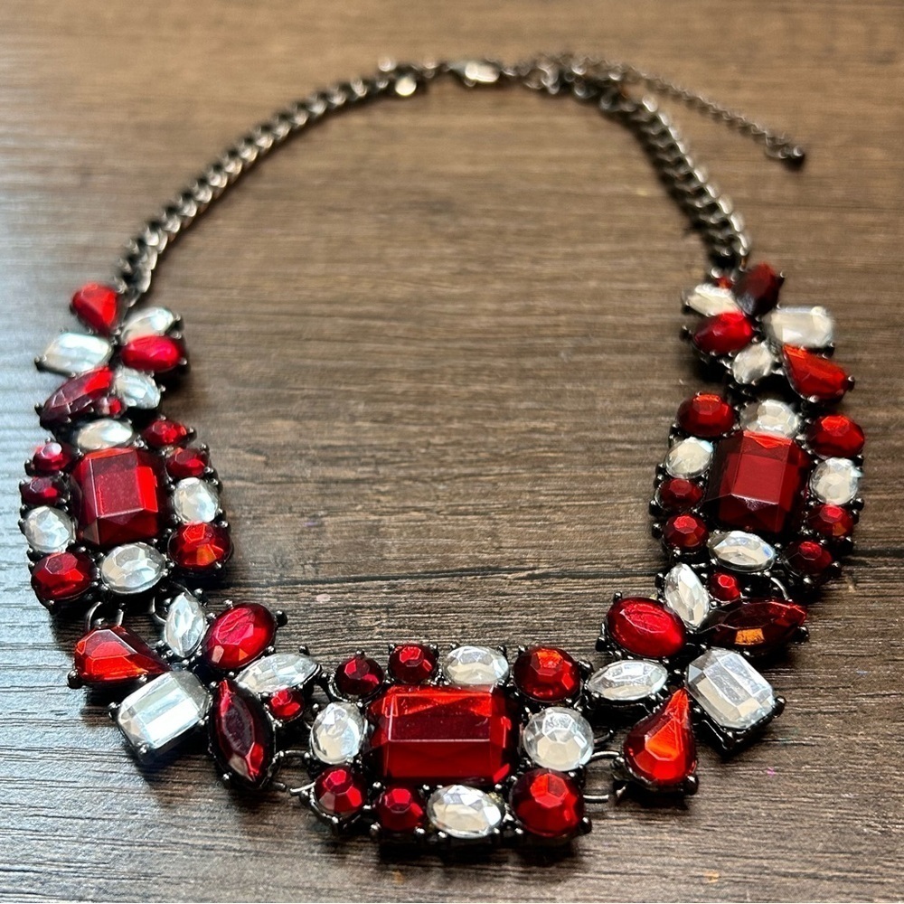 Bold Red and Silver Intricate Rhinestone Necklace